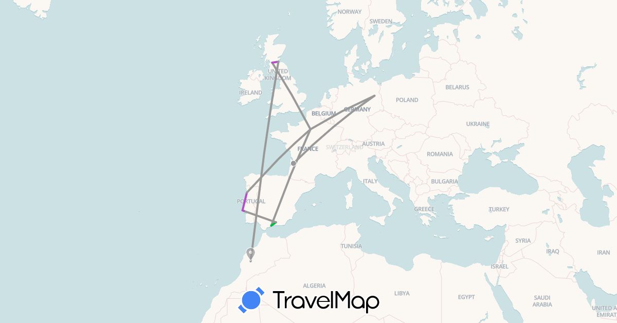 TravelMap itinerary: driving, bus, plane, train in Germany, Spain, France, United Kingdom, Morocco, Portugal (Africa, Europe)